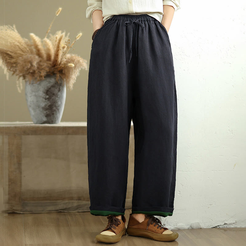 Spring Casual Simple Design Drawstring Cotton Linen Women's Wide Leg Pants With Pockets