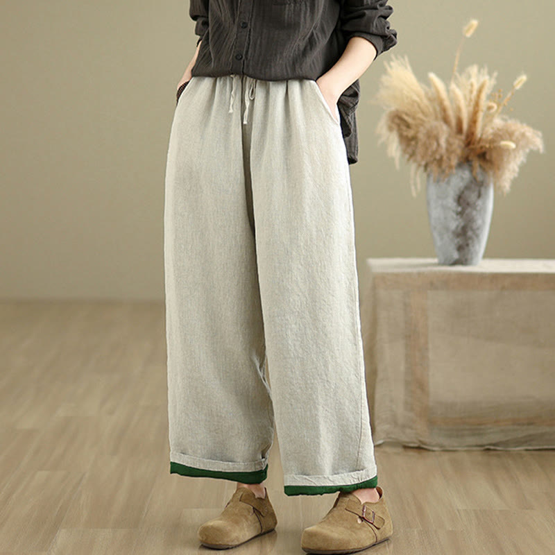 Spring Casual Simple Design Drawstring Cotton Linen Women's Wide Leg Pants With Pockets
