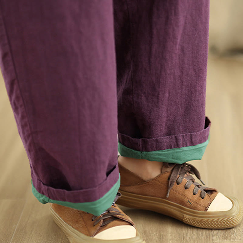 Spring Casual Simple Design Drawstring Cotton Linen Women's Wide Leg Pants With Pockets