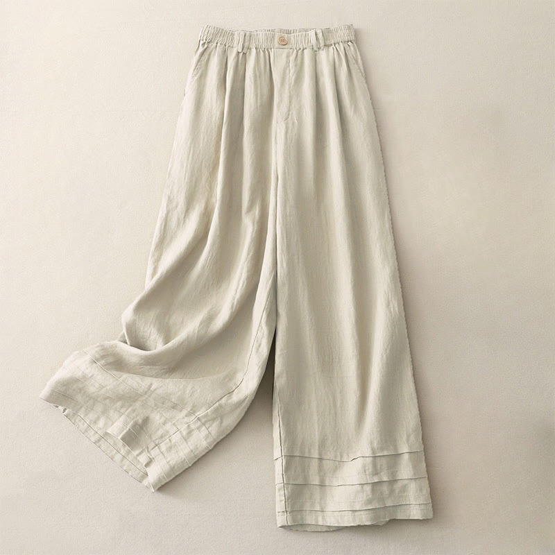 Spring Casual Simple Design Drawstring Cotton Linen Women's Wide Leg Pants With Pockets