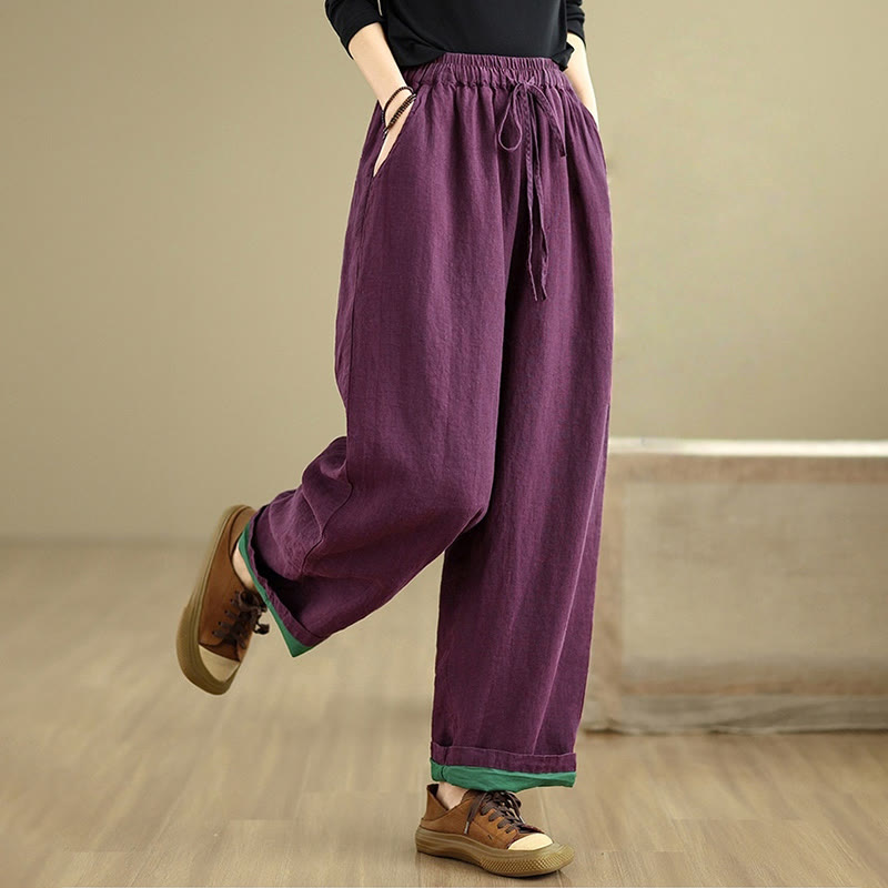 Spring Casual Simple Design Drawstring Cotton Linen Women's Wide Leg Pants With Pockets