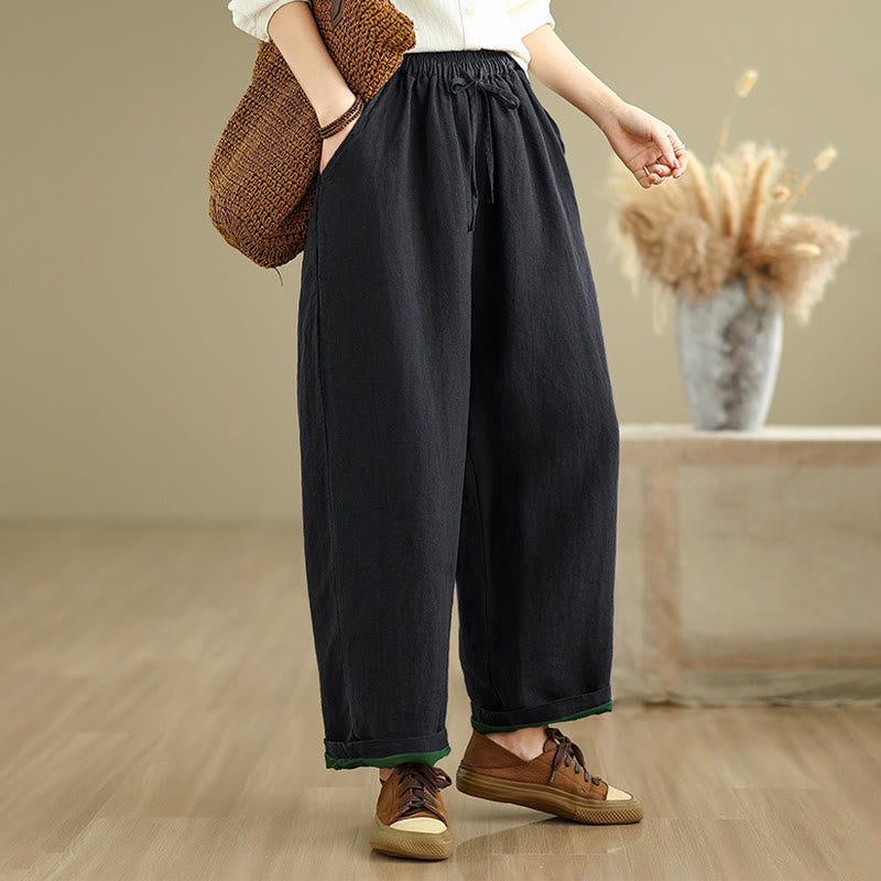Spring Casual Simple Design Drawstring Cotton Linen Women's Wide Leg Pants With Pockets