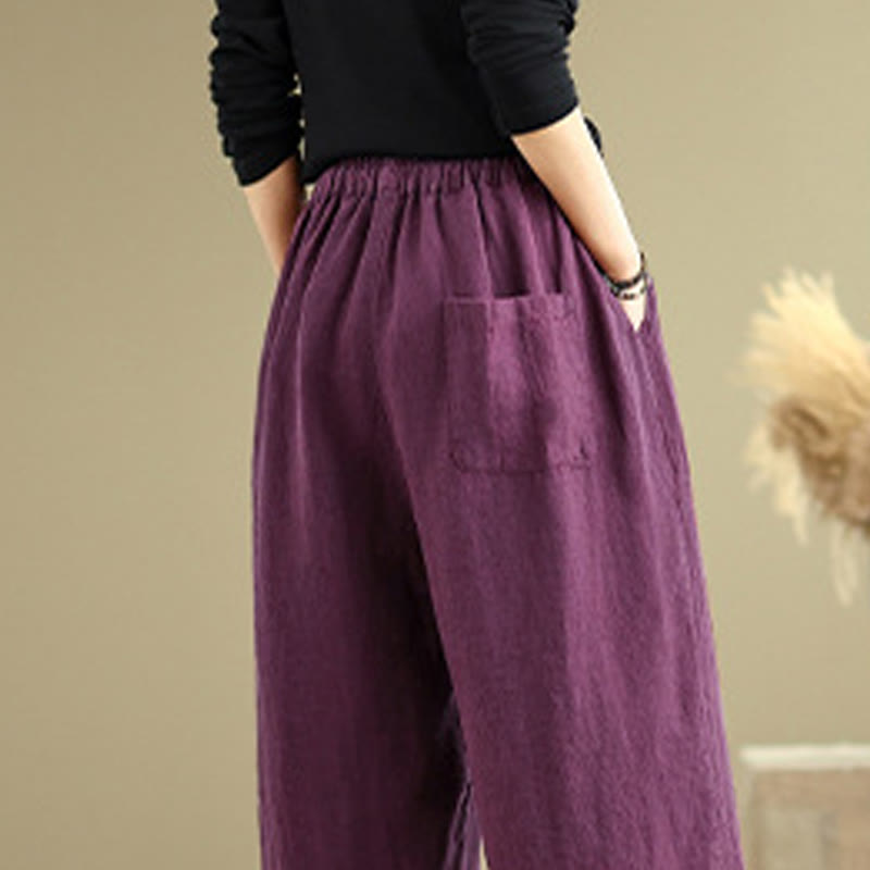 Spring Casual Simple Design Drawstring Cotton Linen Women's Wide Leg Pants With Pockets