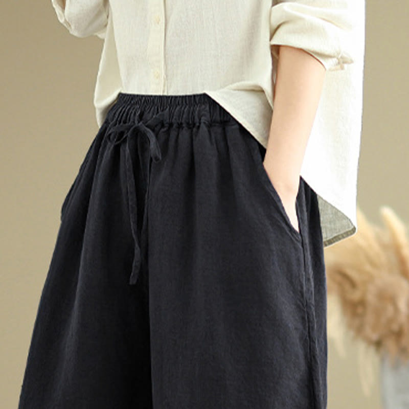 Spring Casual Simple Design Drawstring Cotton Linen Women's Wide Leg Pants With Pockets