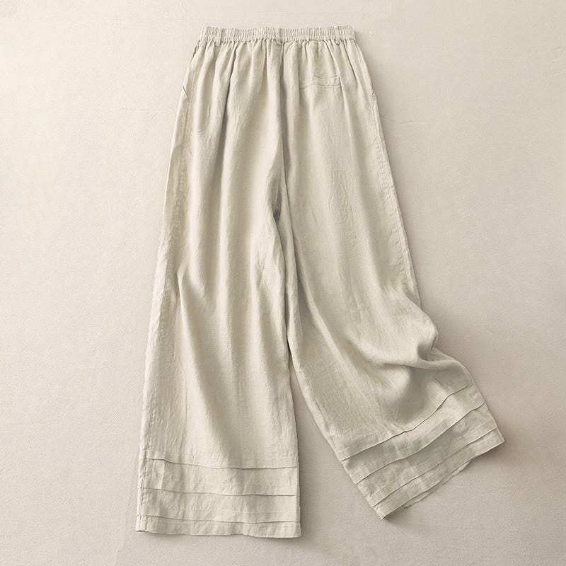 Vintage Solid Color Pleated Cuff Design Cotton Linen Women's Wide Leg Pants With Pockets