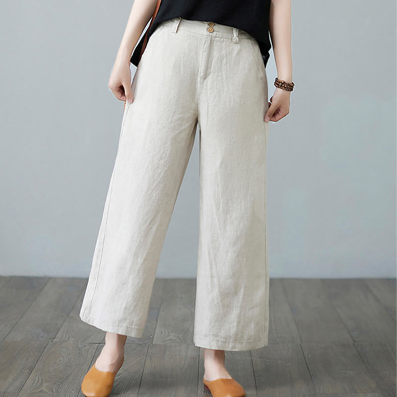 Daily Solid Color Patchwork Simple Design Cotton Linen Women's Pants With Pockets