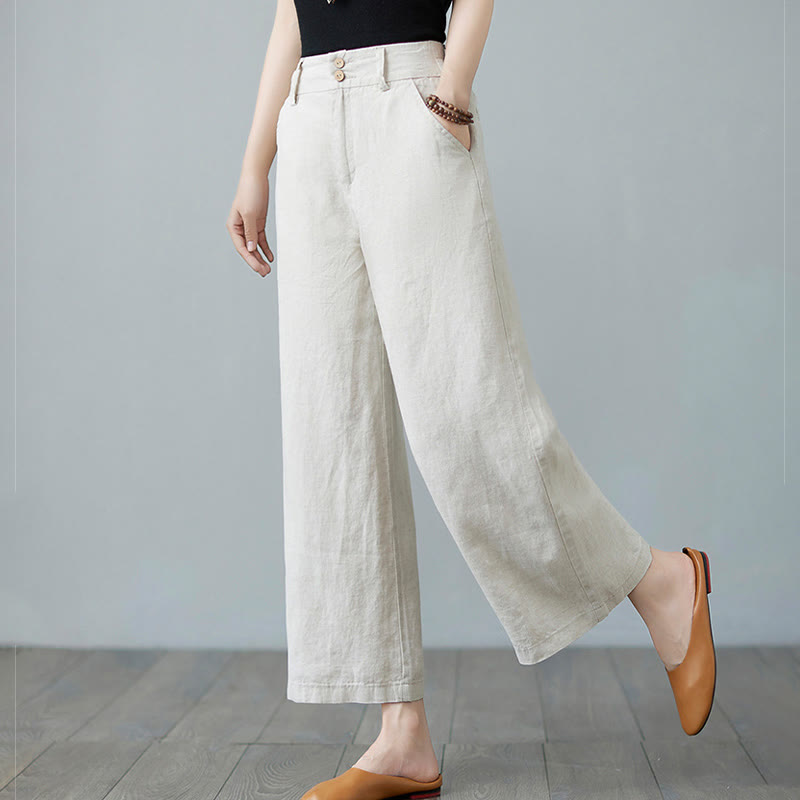 Daily Solid Color Patchwork Simple Design Cotton Linen Women's Pants With Pockets