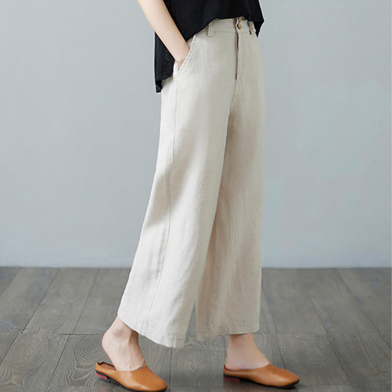 Daily Solid Color Patchwork Simple Design Cotton Linen Women's Pants With Pockets