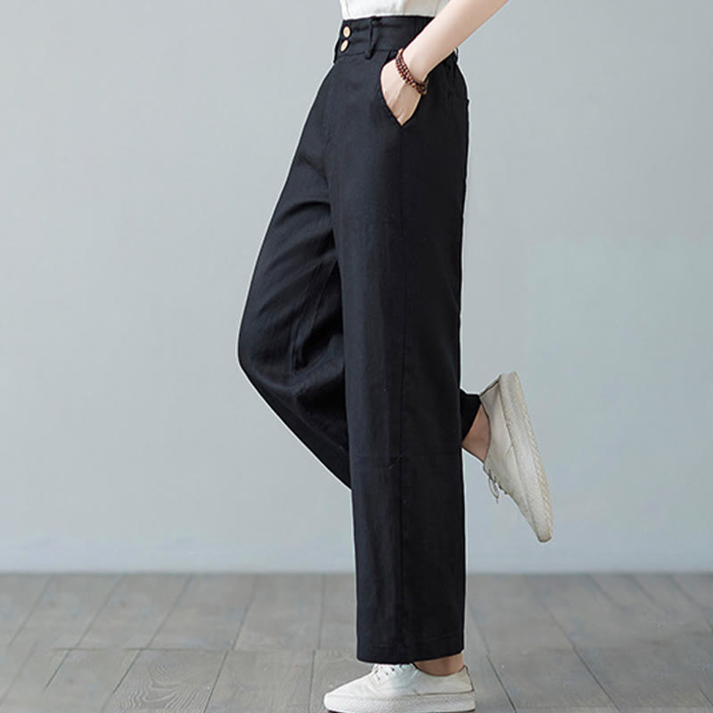 Daily Solid Color Patchwork Simple Design Cotton Linen Women's Pants With Pockets