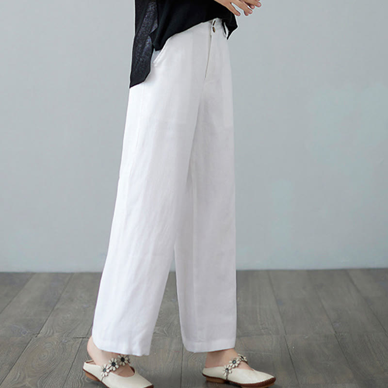 Daily Solid Color Patchwork Simple Design Cotton Linen Women's Pants With Pockets