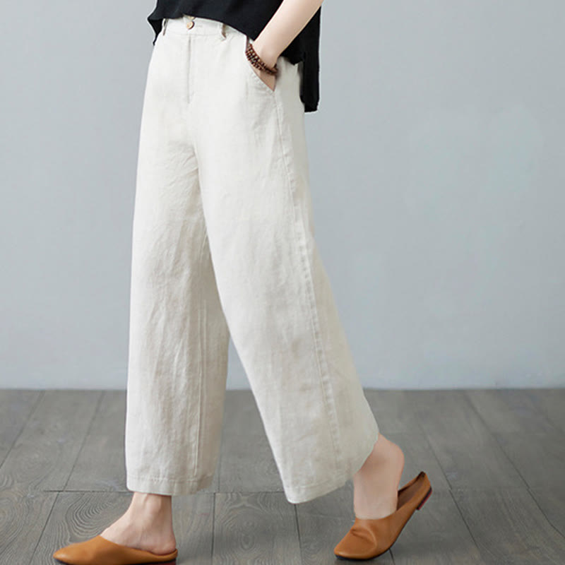 Daily Solid Color Patchwork Simple Design Cotton Linen Women's Pants With Pockets