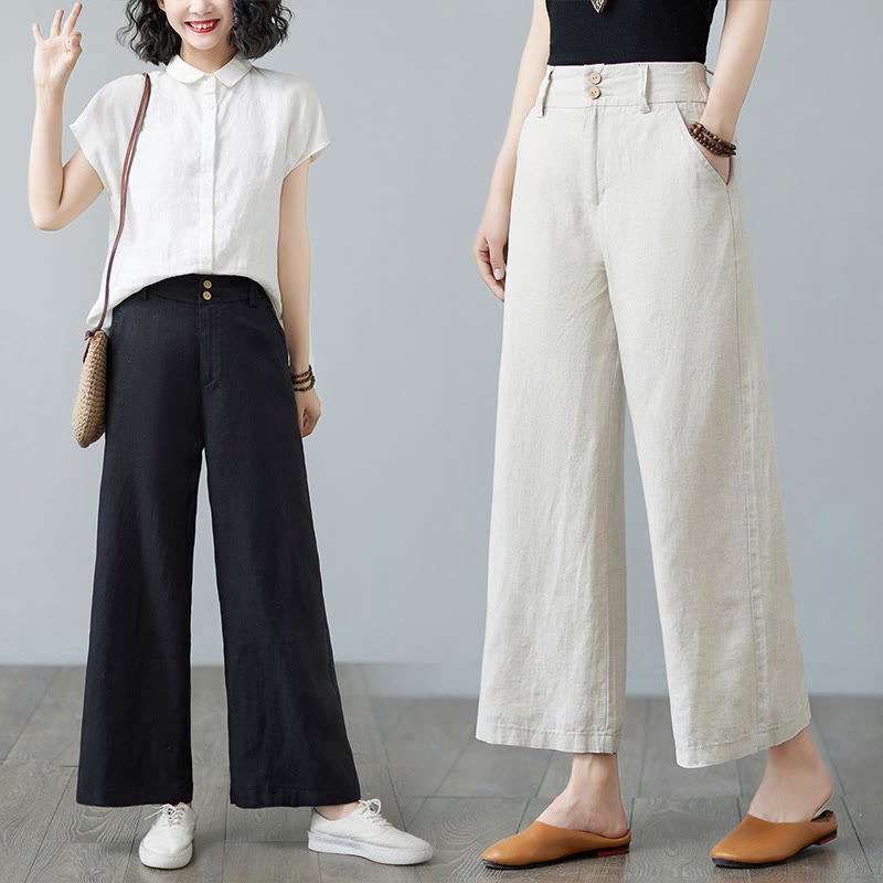 Daily Solid Color Patchwork Simple Design Cotton Linen Women's Pants With Pockets