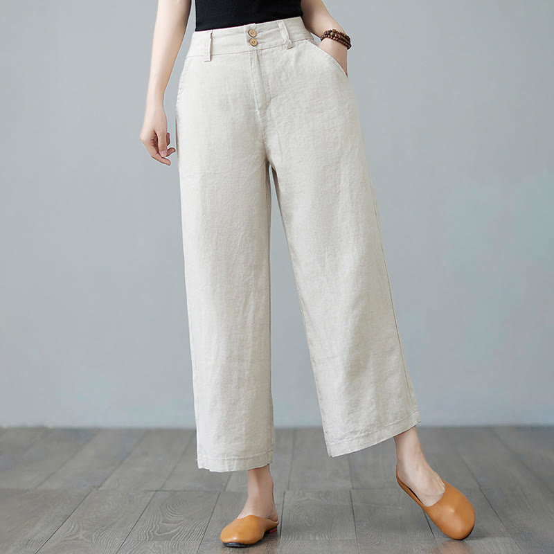 Daily Solid Color Patchwork Simple Design Cotton Linen Women's Pants With Pockets