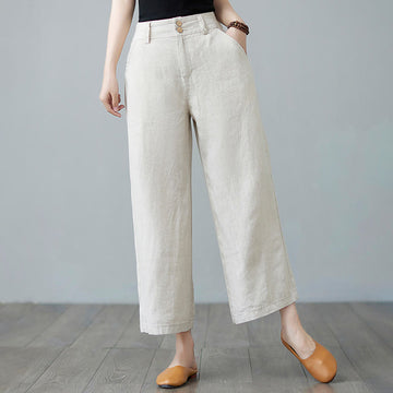 Daily Solid Color Patchwork Simple Design Cotton Linen Women's Pants With Pockets