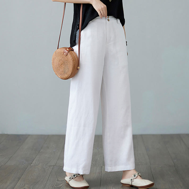Daily Solid Color Patchwork Simple Design Cotton Linen Women's Pants With Pockets