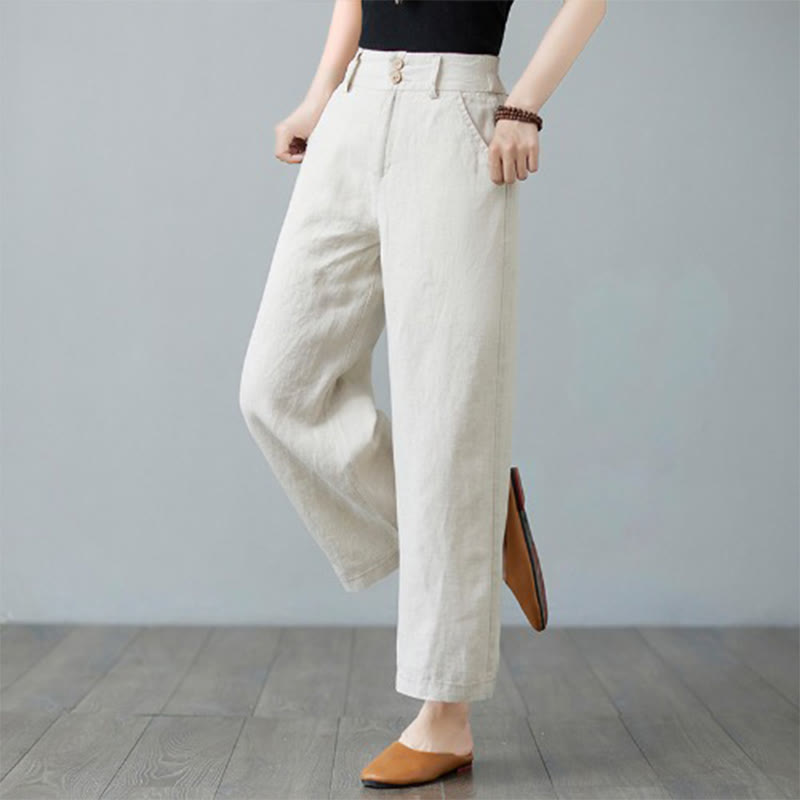 Daily Solid Color Patchwork Simple Design Cotton Linen Women's Pants With Pockets