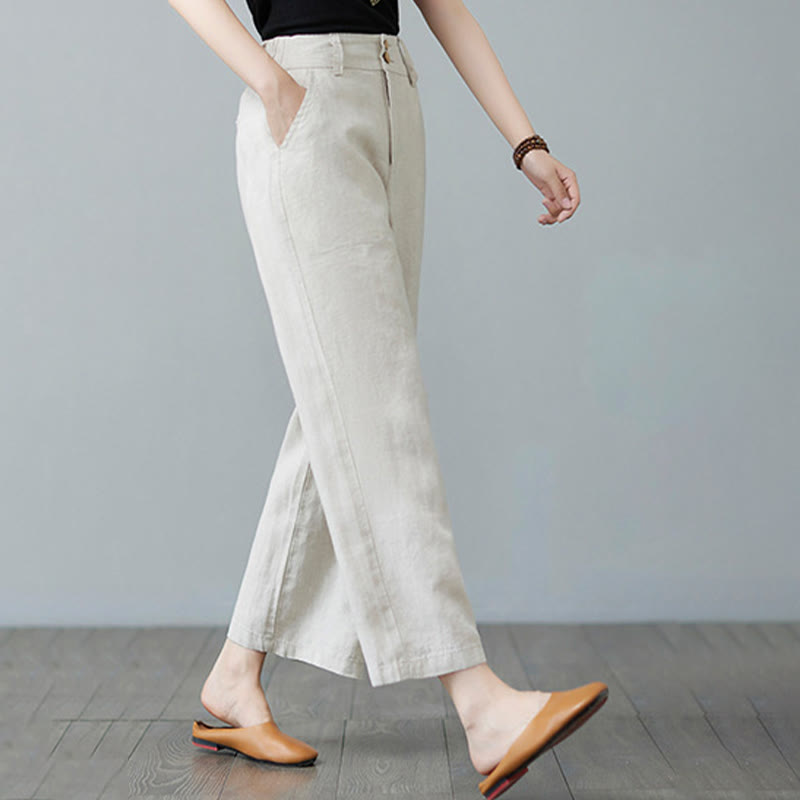 Daily Solid Color Patchwork Simple Design Cotton Linen Women's Pants With Pockets