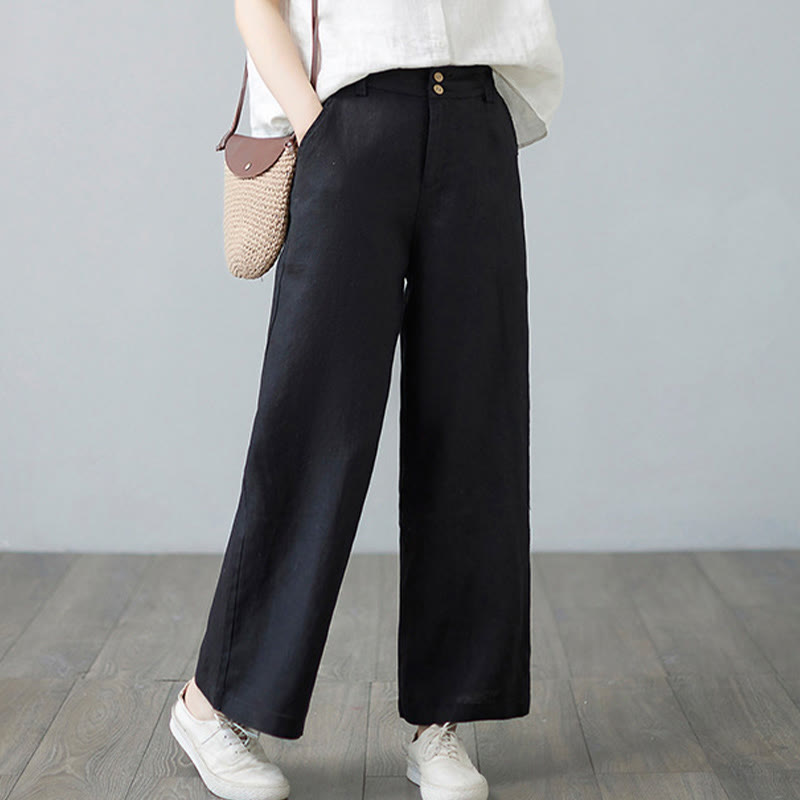 Daily Solid Color Patchwork Simple Design Cotton Linen Women's Pants With Pockets