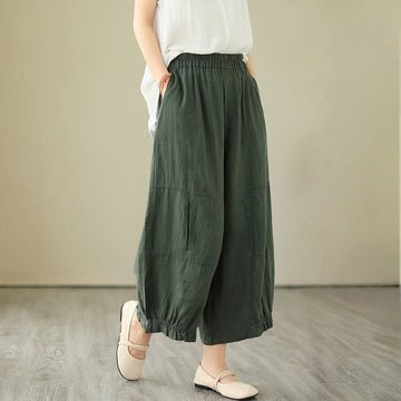 Vintage Casual Pleated Design Cotton Women's Wide Leg Pants With Pockets
