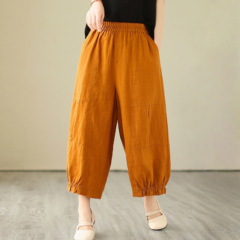 Vintage Casual Pleated Design Cotton Women's Wide Leg Pants With Pockets