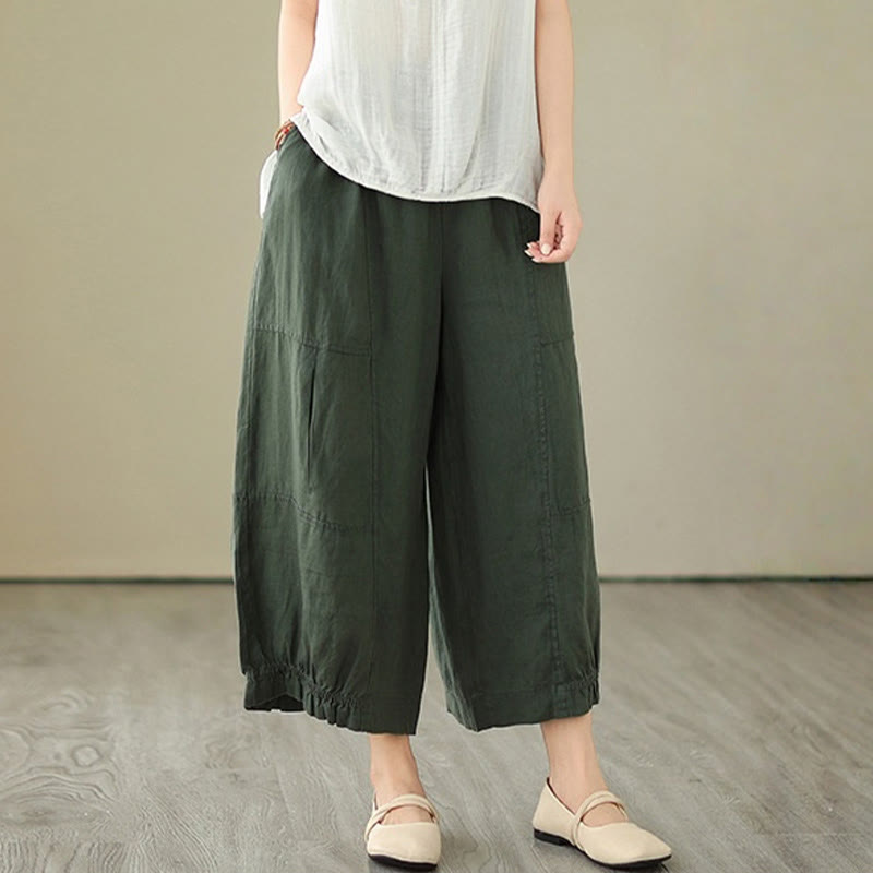Vintage Casual Pleated Design Cotton Women's Wide Leg Pants With Pockets