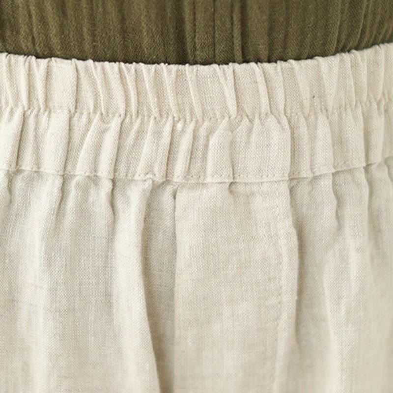 Vintage Casual Pleated Design Cotton Women's Wide Leg Pants With Pockets