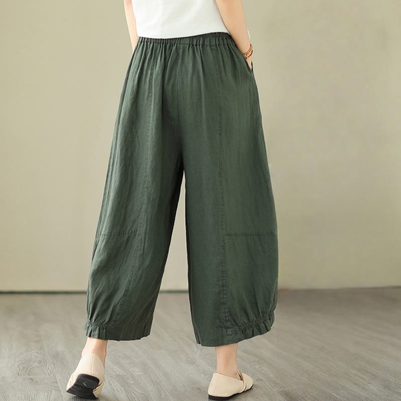 Vintage Casual Pleated Design Cotton Women's Wide Leg Pants With Pockets