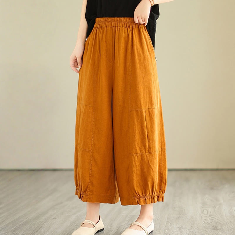 Vintage Casual Pleated Design Cotton Women's Wide Leg Pants With Pockets