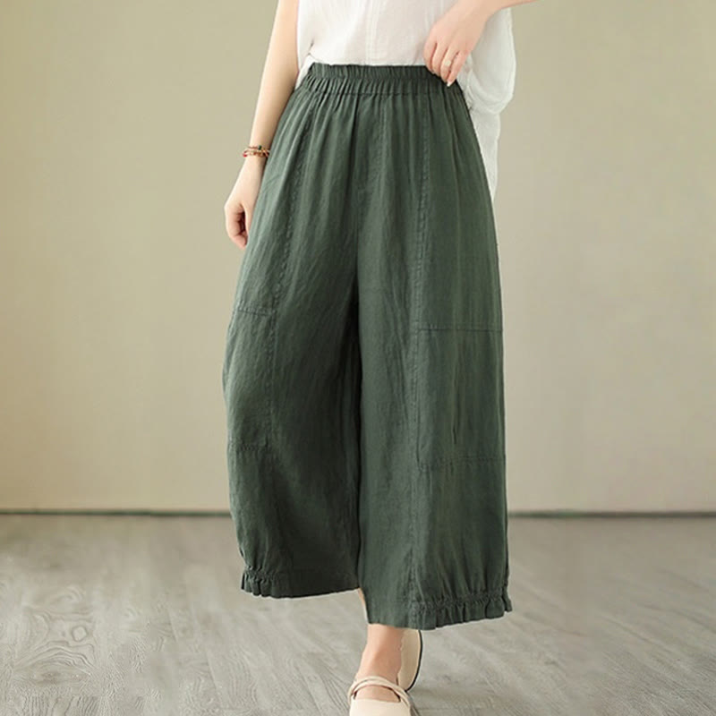 Vintage Casual Pleated Design Cotton Women's Wide Leg Pants With Pockets
