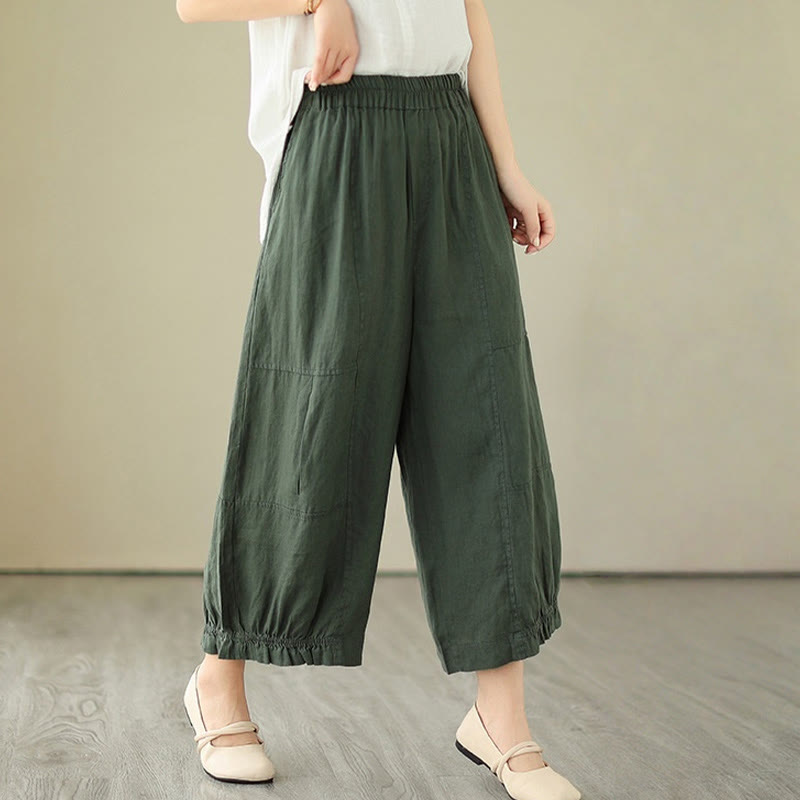 Vintage Casual Pleated Design Cotton Women's Wide Leg Pants With Pockets