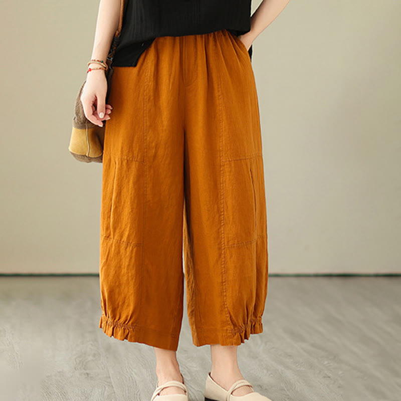 Vintage Casual Pleated Design Cotton Women's Wide Leg Pants With Pockets