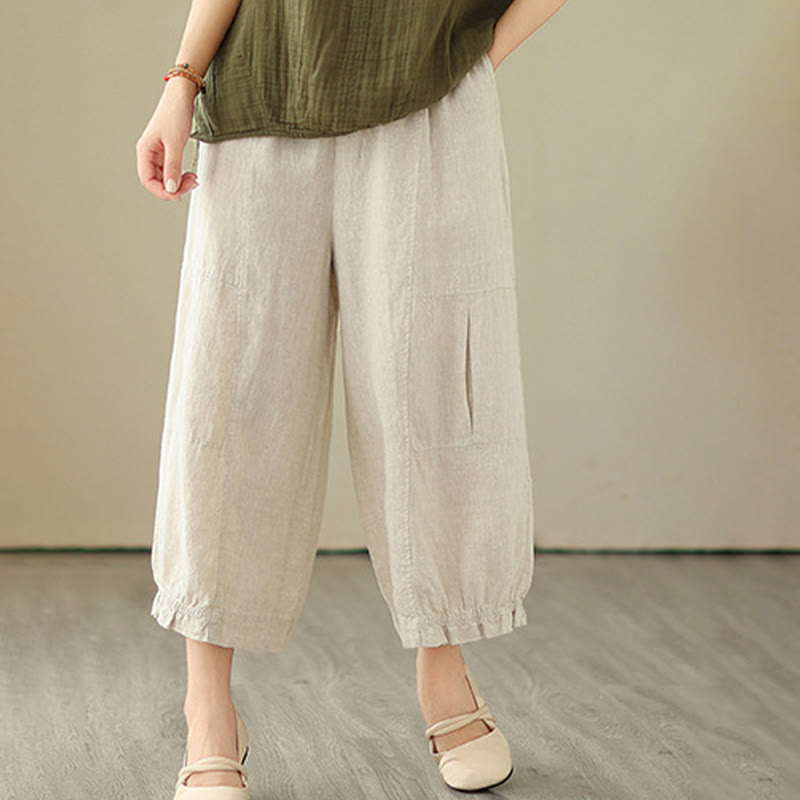 Vintage Casual Pleated Design Cotton Women's Wide Leg Pants With Pockets