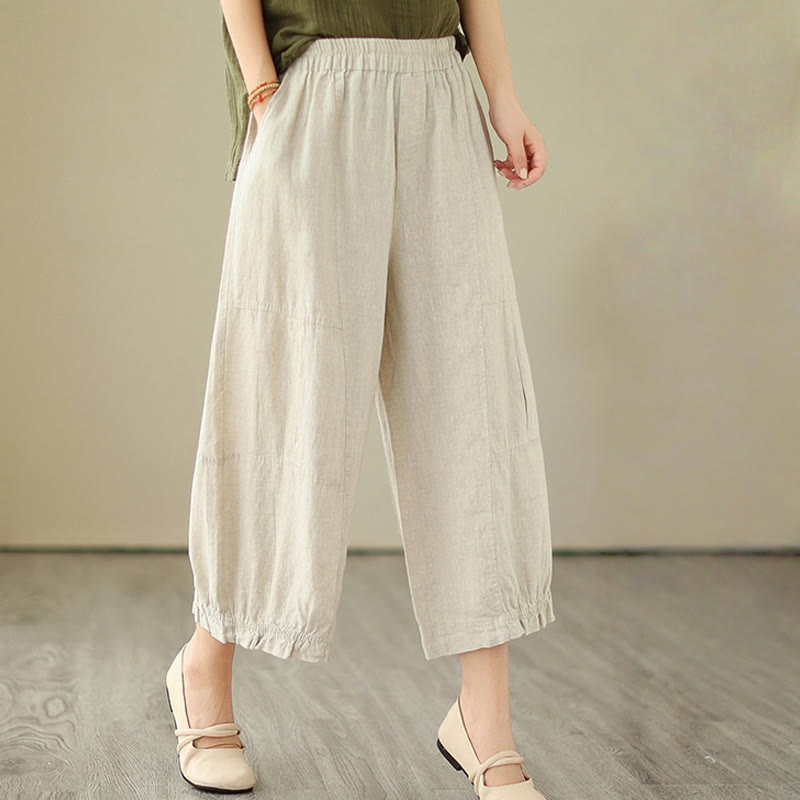 Vintage Casual Pleated Design Cotton Women's Wide Leg Pants With Pockets