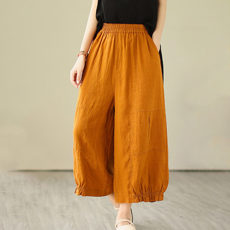 Vintage Casual Pleated Design Cotton Women's Wide Leg Pants With Pockets