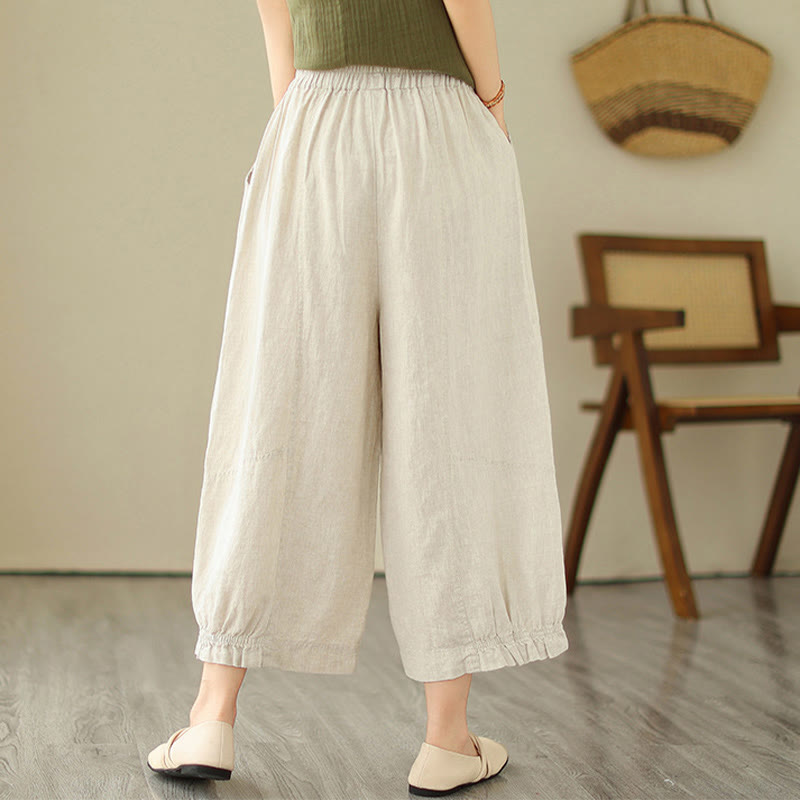 Vintage Casual Pleated Design Cotton Women's Wide Leg Pants With Pockets