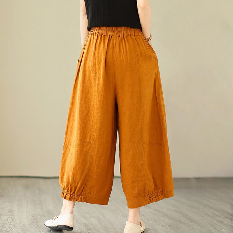 Vintage Casual Pleated Design Cotton Women's Wide Leg Pants With Pockets