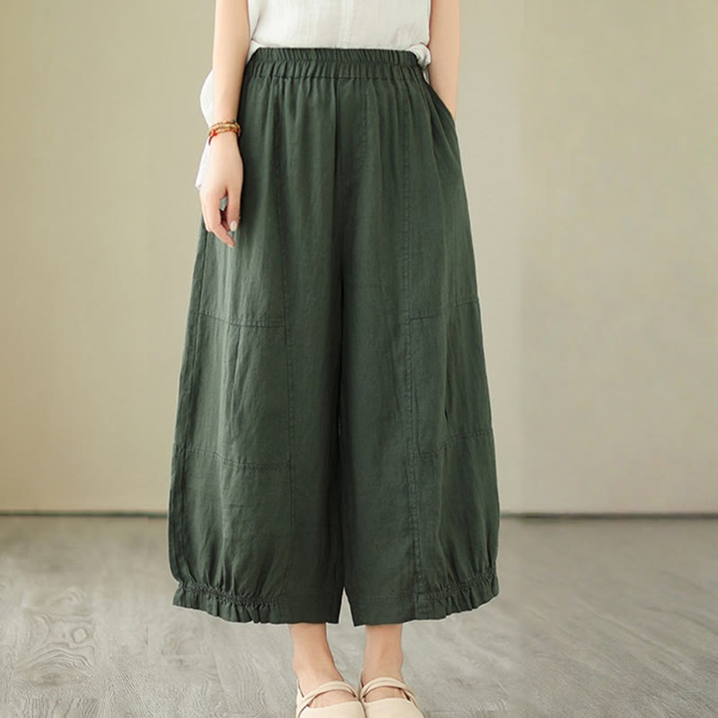 Vintage Casual Pleated Design Cotton Women's Wide Leg Pants With Pockets