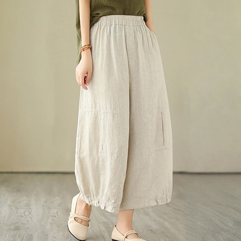 Vintage Casual Pleated Design Cotton Women's Wide Leg Pants With Pockets