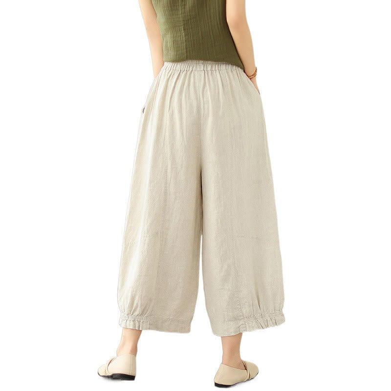 Vintage Casual Pleated Design Cotton Women's Wide Leg Pants With Pockets