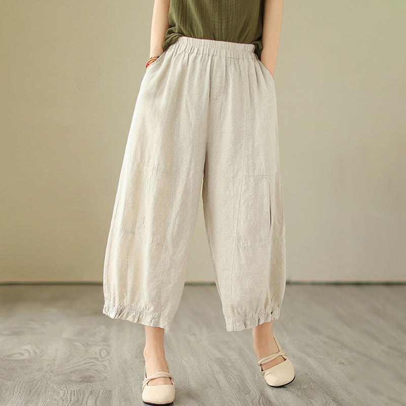 Vintage Casual Pleated Design Cotton Women's Wide Leg Pants With Pockets