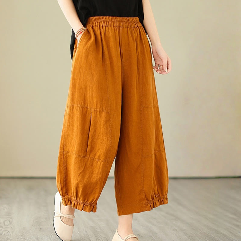 Vintage Casual Pleated Design Cotton Women's Wide Leg Pants With Pockets