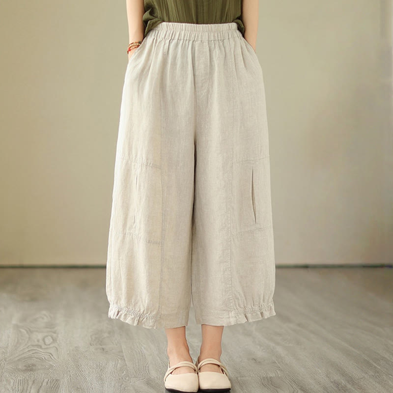 Vintage Casual Pleated Design Cotton Women's Wide Leg Pants With Pockets
