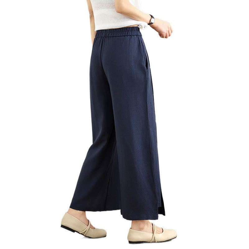 Spring Casual Navy Simple Line Design Cotton Linen Women's Wide Leg Pants With Pockets