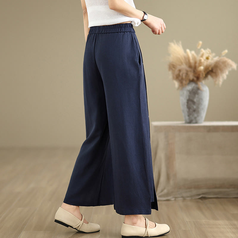 Spring Casual Navy Simple Line Design Cotton Linen Women's Wide Leg Pants With Pockets