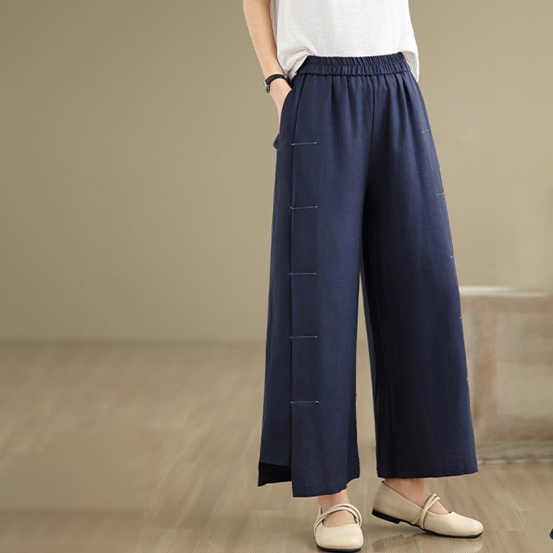 Spring Casual Navy Simple Line Design Cotton Linen Women's Wide Leg Pants With Pockets