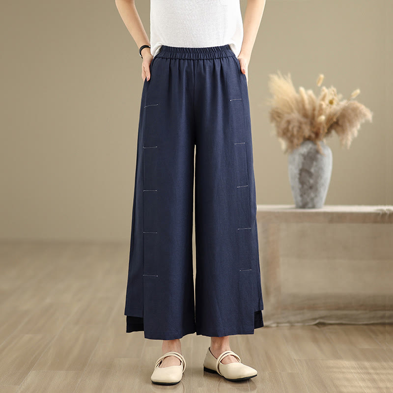 Spring Casual Navy Simple Line Design Cotton Linen Women's Wide Leg Pants With Pockets