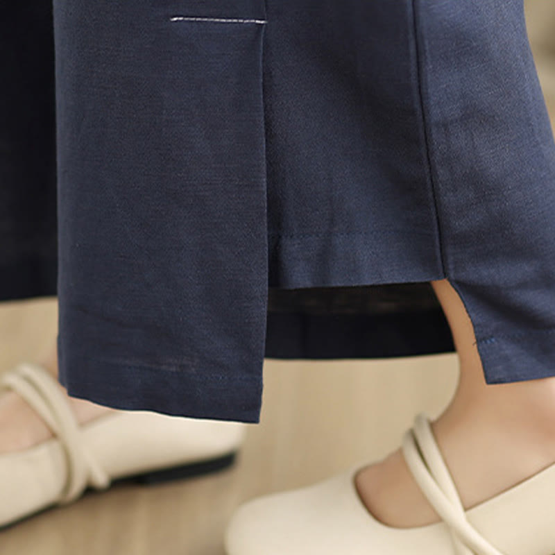 Spring Casual Navy Simple Line Design Cotton Linen Women's Wide Leg Pants With Pockets