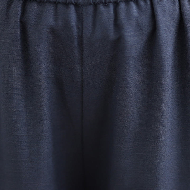 Spring Casual Navy Simple Line Design Cotton Linen Women's Wide Leg Pants With Pockets
