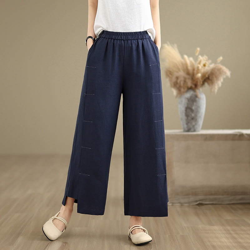 Spring Casual Navy Simple Line Design Cotton Linen Women's Wide Leg Pants With Pockets
