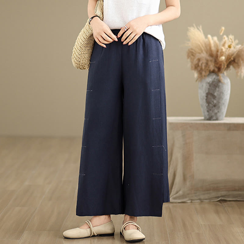 Spring Casual Navy Simple Line Design Cotton Linen Women's Wide Leg Pants With Pockets